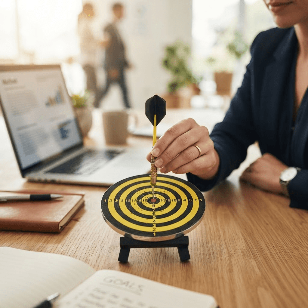 Hand placing a dart on a bullseye target